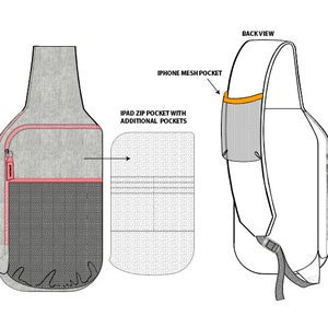 Puede incluir: Un bolso bandolera gris y negro con un bolsillo con cremallera para iPad y bolsillos adicionales. El bolso también tiene un bolsillo de malla para iPhone. La vista posterior muestra la correa y un bolsillo de malla.