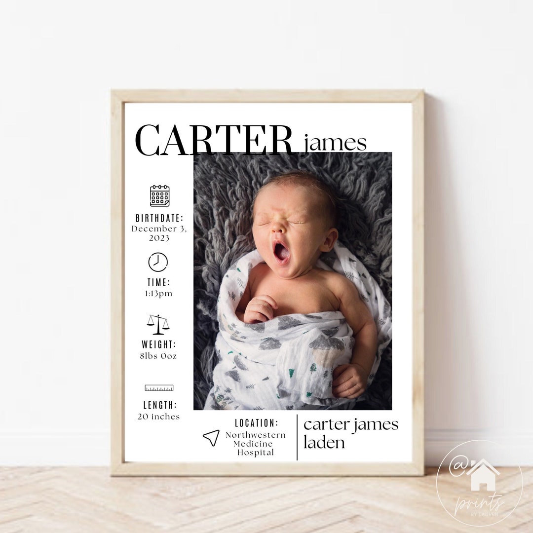 Custom Infant Print Personalized Birth Announcement Newborn Gift, Baby ...