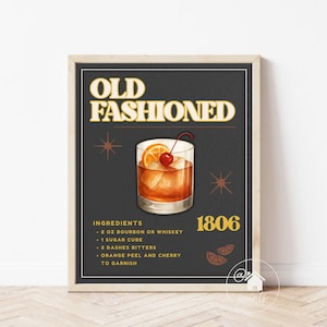 Old Fashioned Print | Vintage Whiskey Bar Wall Art | Retro Cocktail Decor | Digital Download | Printable Kitchen Sign | Father&#39;s Day Gift
