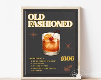 Old Fashioned Cocktail Wall Art | Retro Whiskey Drink Poster | Bar Cart Decor | Printable PDF & PNG | Cocktail Lover Gift