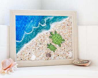 Two Turtles on the Beach Frame, Real shells painted into turtles. Faux Stain Glass Beach Decor