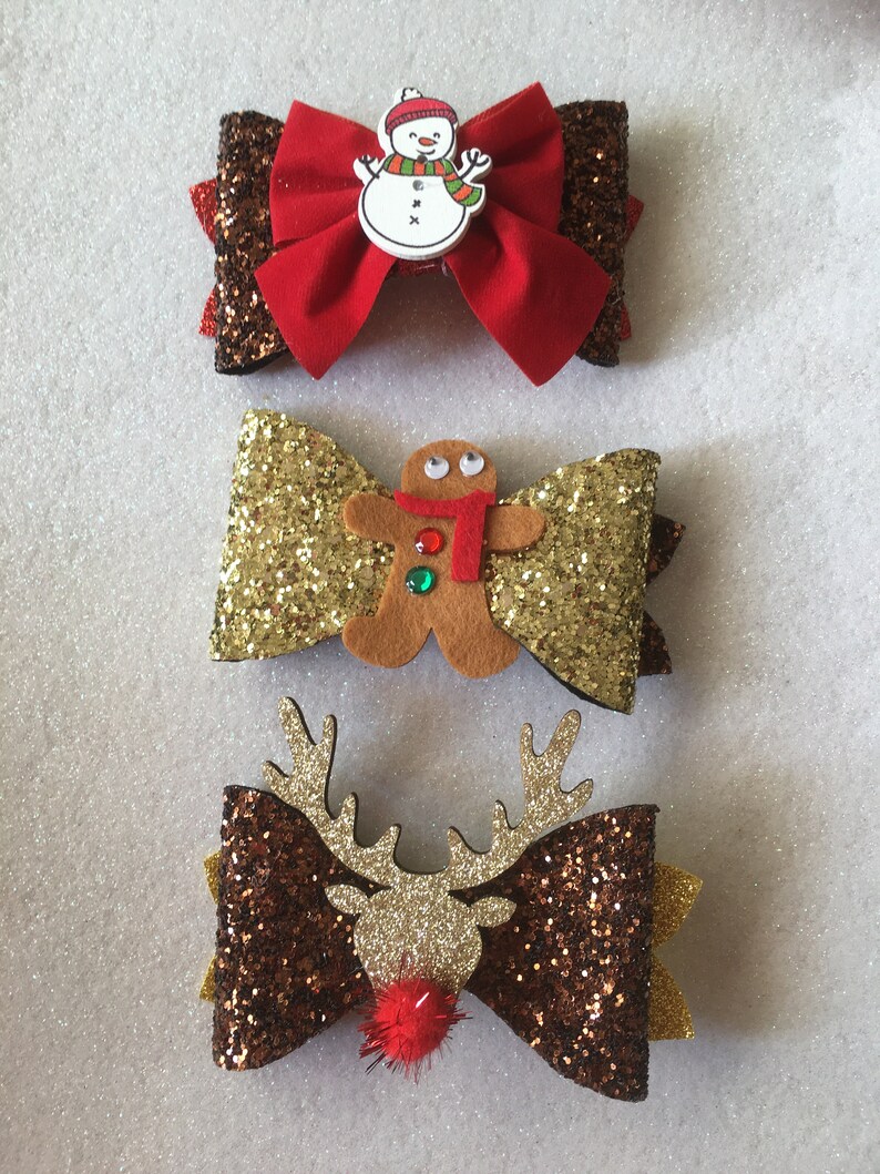3 Pack Christmas sparkly handmade hair bow clip large