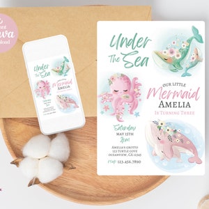 Editable Under the Sea Birthday Invitation Mermaid Ocean Swimming Party 3rd Birthday Invite Aqua Pink Girl Party Digital Invite Template