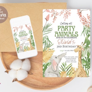 Editable Party Animals Birthday Invitation Jungle Safari Party Birthday Invite Pink Green Girl Party Digital Invite Template