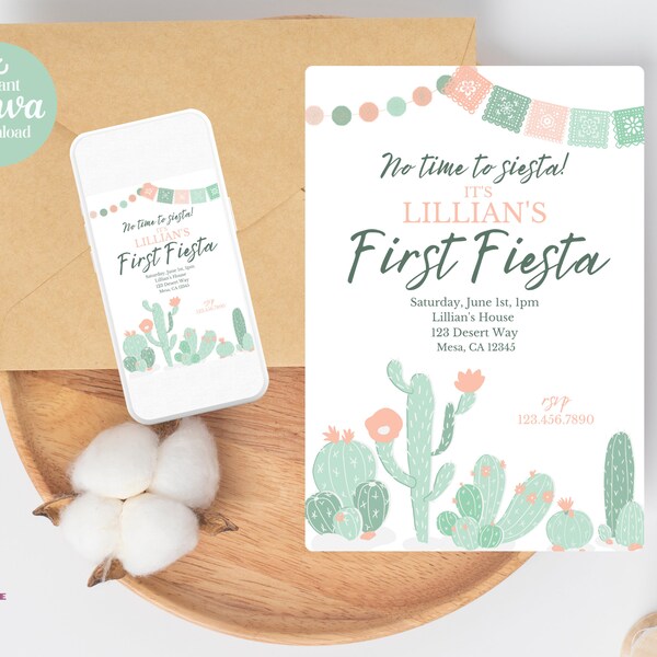 Editable First Fiesta Birthday Invitation Cactus Desert Party Birthday Invite Mint Girl Party Digital Invite Template