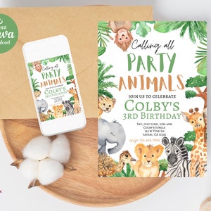Editable Party Animals Birthday Invitation Jungle Safari Party Birthday Invite Green Boy Girl Party Digital Invite Template