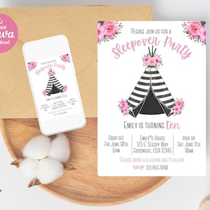 Editable Sleepover Birthday Invitation TeePee Slumber Party Birthday Invite Pink Girl Party Digital Invite Template