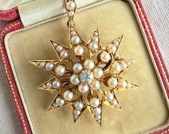 Victorian Star Pendant Brooch: Pearl, Old European Diamond, 15-18k Gold