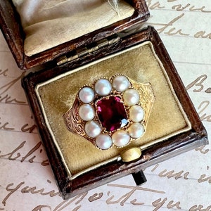 Garnet Pearl Antique Late Georgian Early Victorian Foiled & Closed Back Cluster Style Ring Hand Chased Scrolls Wonderful Heirloom