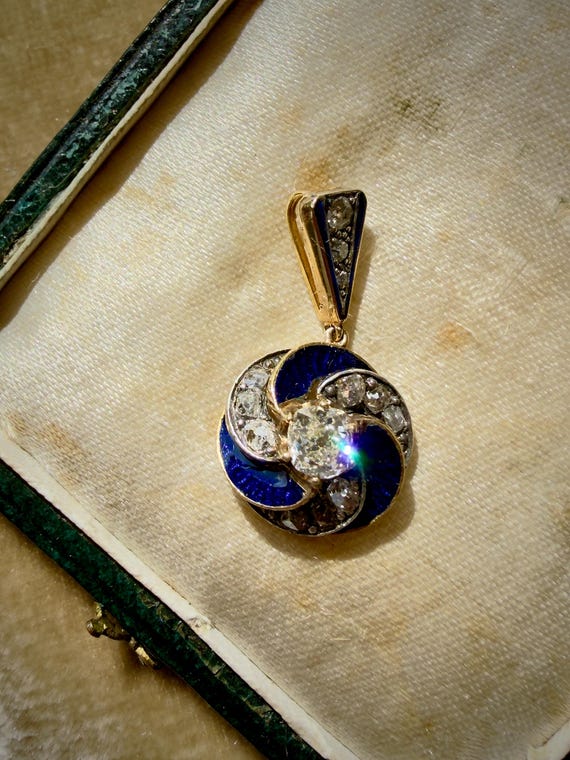 Victorian Diamond & Cobalt Blue Enamel Pendant - 15ct Gold Swirl Design