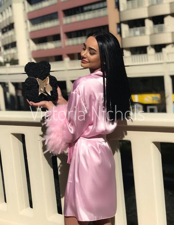Personalized Pink Feather Robe: Bridal Satin Robe, Plus Size