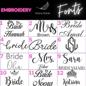 Puede incluir: Un gr&aacute;fico con 12 estilos de fuente diferentes para la palabra "Bride" y variaciones como "Mrs." y "Bridesmaid". El gr&aacute;fico est&aacute; etiquetado como "Embroidery" y "Fonts".