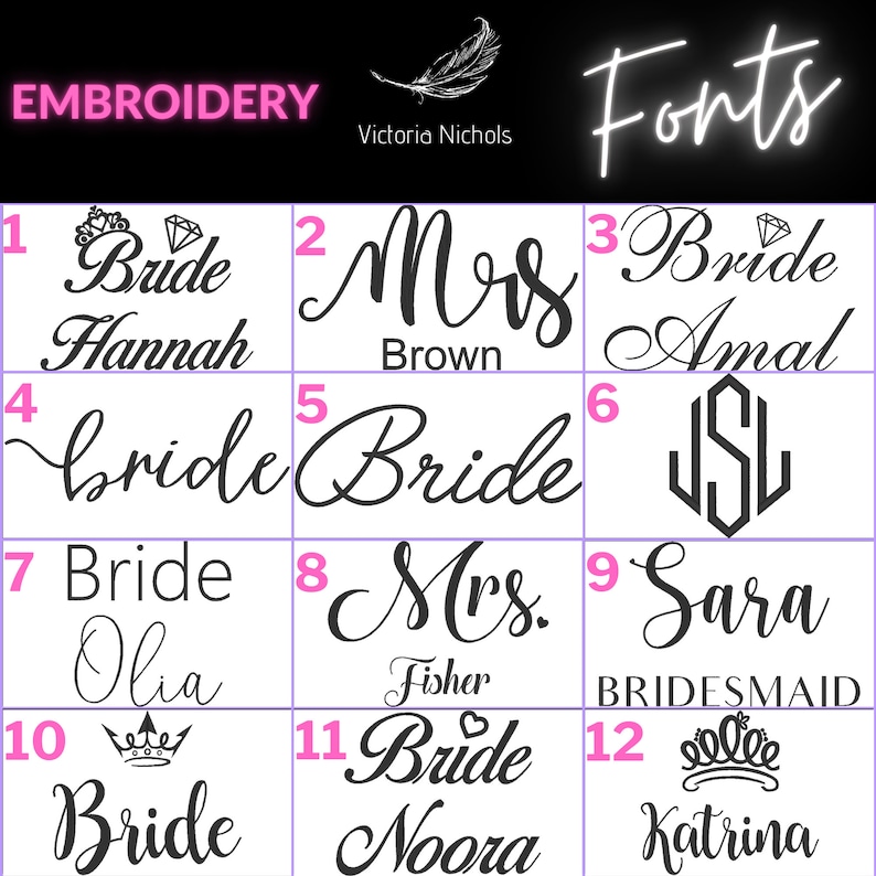 Puede incluir: Un gr&aacute;fico con 12 estilos de fuente diferentes para la palabra "Bride" y variaciones como "Mrs." y "Bridesmaid". El gr&aacute;fico est&aacute; etiquetado como "Embroidery" y "Fonts".