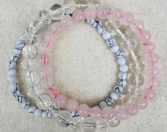 Love + Happiness rose quartz bracelet set. Howlite. Clear Quartz. Super high quality. Rose quartz is heart chakra crystal. 3 bracelets.
