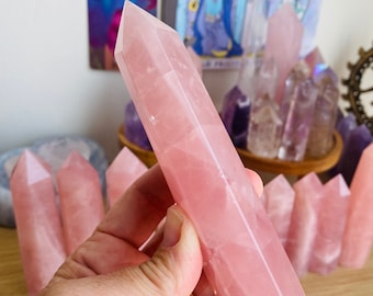 Rose quartz tower. Super high quality. 2.5 - 4.5 inches high. Rose quartz is the heart chakra crystal bringer of love, light & happiness!