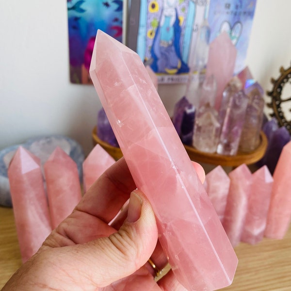 Rose quartz tower. Super high quality. 1 - 5 inches high. Rose quartz is the heart chakra crystal bringer of love, light & happiness!