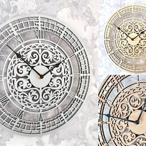 May include: Three decorative wall clocks with Roman numeral markings and intricate cut-out designs. The clocks are in silver, gold, and wood finishes.