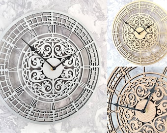 Silver Gold Oak Wall Clock Silent Non Ticking Roman Numerals 30cm Wooden Wall Ornament Gift