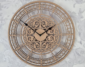 Wooden Wall Clock Silent Non Ticking Roman Numerals 30cm Oak Wall Ornament Gift