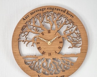 Tree Of Life Oak Clock Silent NonTicking Roman or Arabic Numerals Personalised Gift