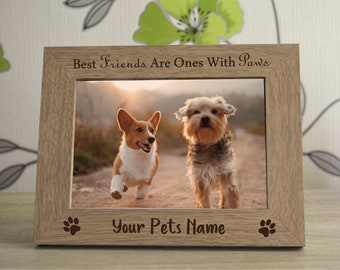 Best Friends Are Ones With Paws Cat Dog Pet Personalised Engraved Wooden Photo Frame Keepsake Gift Memorial Photo Size 6 x 4 or 7 x 5