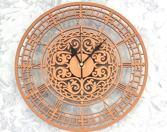 Copper Wall Clock Silent Non Ticking Roman Numerals Orange Metallic Mandala Wall Ornament Gift