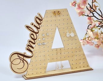 Personalised Earring Holder Jewellery Organiser Freestanding Wooden Letter Name Earring Display Girls Gift Room Styling
