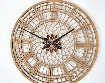 Wooden Wall Clock Big Ben Style Silent Non Ticking Roman Numerals 30cm or 60 cm Oak Wall Ornament Gift