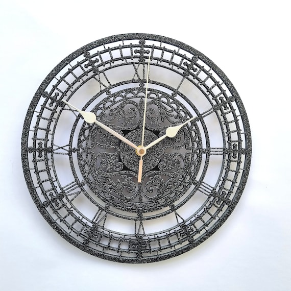 Black Granite Stone Effect Clock Silent Non Ticking Roman Numerals Wall Ornament Gift Textured Black Large Clock
