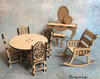 Various Wooden Dolls House Collectors Miniature Furniture MDF Vintage Table Chairs Clock Dressing Table Rocking Chair