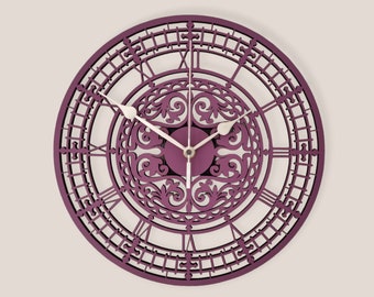 Purple Mandala Wall Clock, Silent Roman Numerals, Laser Cut MDF