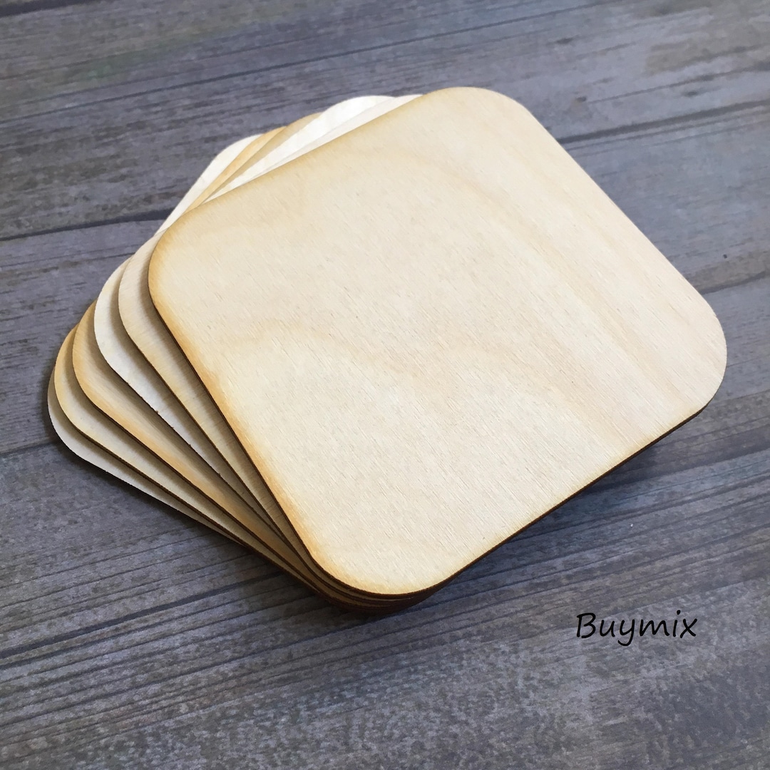 Set of 4 or 6 Blank Wooden Coasters 10 Cm Square Round 3mm Lase Cut ...