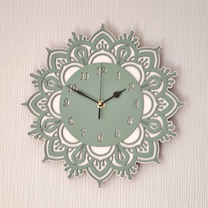 Sage and White Mandala Wall Clock Silent Room Clock Non Ticking 30cm Wall Ornament Gift