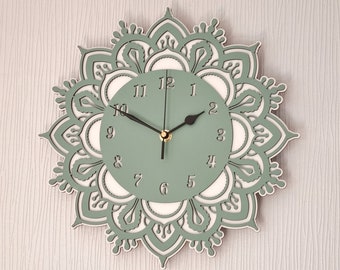 Horloge murale mandala sauge et blanc Horloge pour chambre silencieuse 30 cm, ornement mural, cadeau