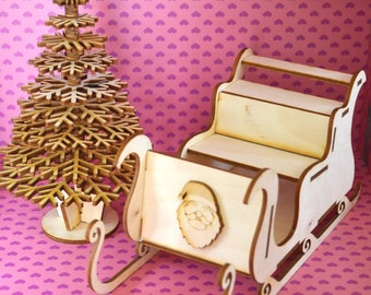 Wooden Christmas Tree and Sleigh Ornament 3D Puzzle Home Decor Festive Gift Crafts