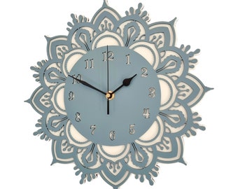 Blue Slate and White Mandala Wall Clock Silent Room Clock Non Ticking 30cm Wall Ornament Gift