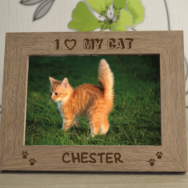 I LOVE MY CAT Personalised Engraved Wooden Photo Frame Memorial Keepsake Gift Pet Paw Print Design, Photo Size 6 x 4 or 7 x 5