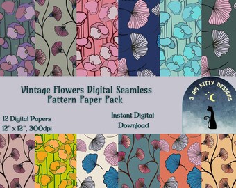 May include: A digital paper pack with 12 vintage floral patterns. The patterns feature pink, blue, green, yellow, and orange flowers with ginkgo leaves. The paper pack is 12 inches by 12 inches and 300 dpi. The text "Vintage Flowers Digital Seamless Pattern Paper Pack" and "12 Digital Papers 12" x 12", 300dpi" is included in the image. The text "Instant Digital Download" is also included in the image. The image also includes a logo with the text "3 AM KITTY DESIGNS".