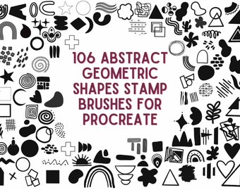 May include: 106 abstract geometric shapes stamp brushes for Procreate. The image shows a collection of black and white brush strokes, geometric shapes, and abstract designs.