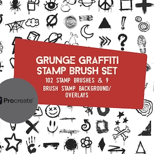 Puede incluir: Un conjunto de arte digital con pinceles de sellos de graffiti grunge. La imagen muestra una variedad de elementos gráficos en blanco y negro, incluyendo símbolos, iconos y texto. El conjunto incluye 102 sellos y 9 fondos y superposiciones de sellos.