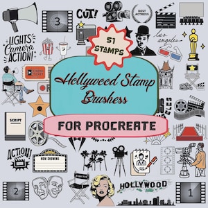 May include: A collection of 51 Hollywood-themed stamps for Procreate, featuring iconic imagery. Includes film reels, clapperboards, movie cameras, and stars. Text includes "Hollywood Stamp Brushess" and "For Procreate."