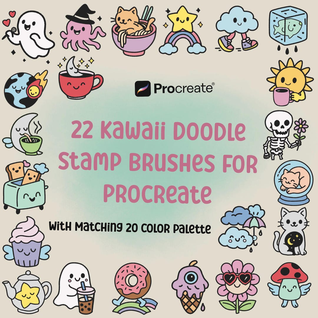 Kawaii Doodle Stamp Brushes for Procreate: Foodie Celestial Art ...