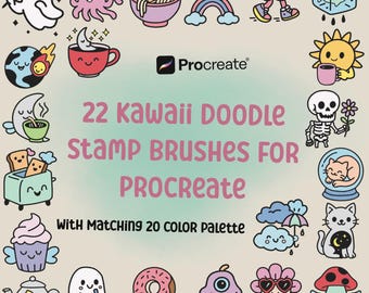 May include: A collection of 22 kawaii doodle stamp brushes for Procreate, with a matching 20-color palette. The image features various cute illustrations, including a ghost, octopus, cat, star, cloud, and more, all in a colorful, cartoon style.