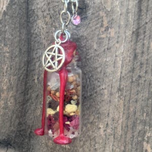 Love Spell Jar Keychain: Witchy Herb Bottle with Pentacle Charm