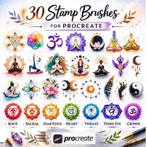 May include: A digital art graphic featuring 30 stamp brushes for Procreate. The image includes various spiritual and yoga-themed illustrations, such as chakras, the Om symbol, and figures in yoga poses. The text reads "30 Stamp Brushes for Procreate."