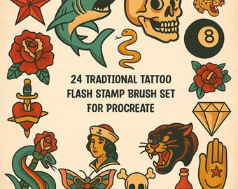 May include: A collection of 24 traditional tattoo flash stamp brushes for Procreate. The set includes a shark, skull, rose, snake, dagger, butterfly, panther, and other classic tattoo designs in a vintage style.