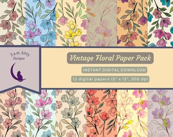 May include: A digital paper pack with 12 floral patterns in various colors, including pink, blue, yellow, and green. Each pattern features delicate flowers and leaves on a light background. The text "Vintage Floral Paper Pack" and "Instant Digital Download" is displayed on the image.