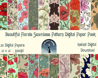 May include: A digital paper pack with 20 seamless floral patterns. The patterns feature red, pink, and white flowers on a variety of backgrounds, including green, blue, and brown. The text "Beautiful Florals Seamless Pattern Digital Paper Pack" is at the top of the image. The text "20 Digital Papers" is below the title. The text "12 X 12, 300dpi" is below the text "20 Digital Papers". The text "Instant Digital Download" is on the right side of the image.