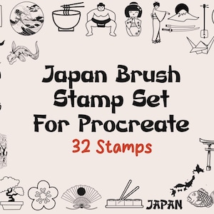 Pinceles de sellos con temática japonesa para Procreate / 32 sellos japoneses dibujados a mano / Gráficos / Creación de patrones / Descarga digital / Cultura asiática