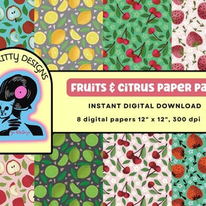 Pacote de papel com padrão de frutas repetidas sem costura para scrapbooking e artesanato, download digital